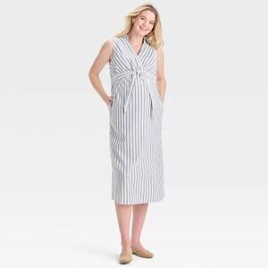 Isabel By Ingrid & Isabel Midi Maternity Empire Waist Dress Cream Navy Striped L